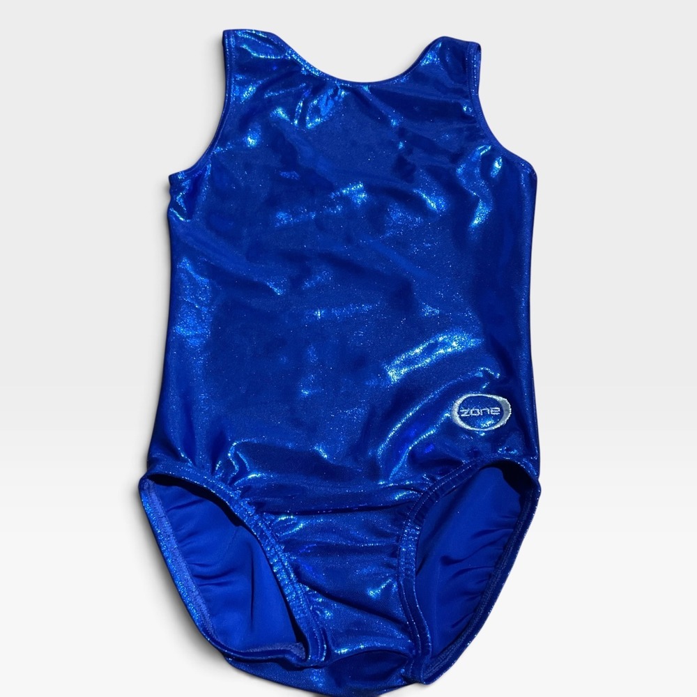 The Zone Leotard Kids Youth Medium Blue Excellent Metallic Foil Shine Athletic